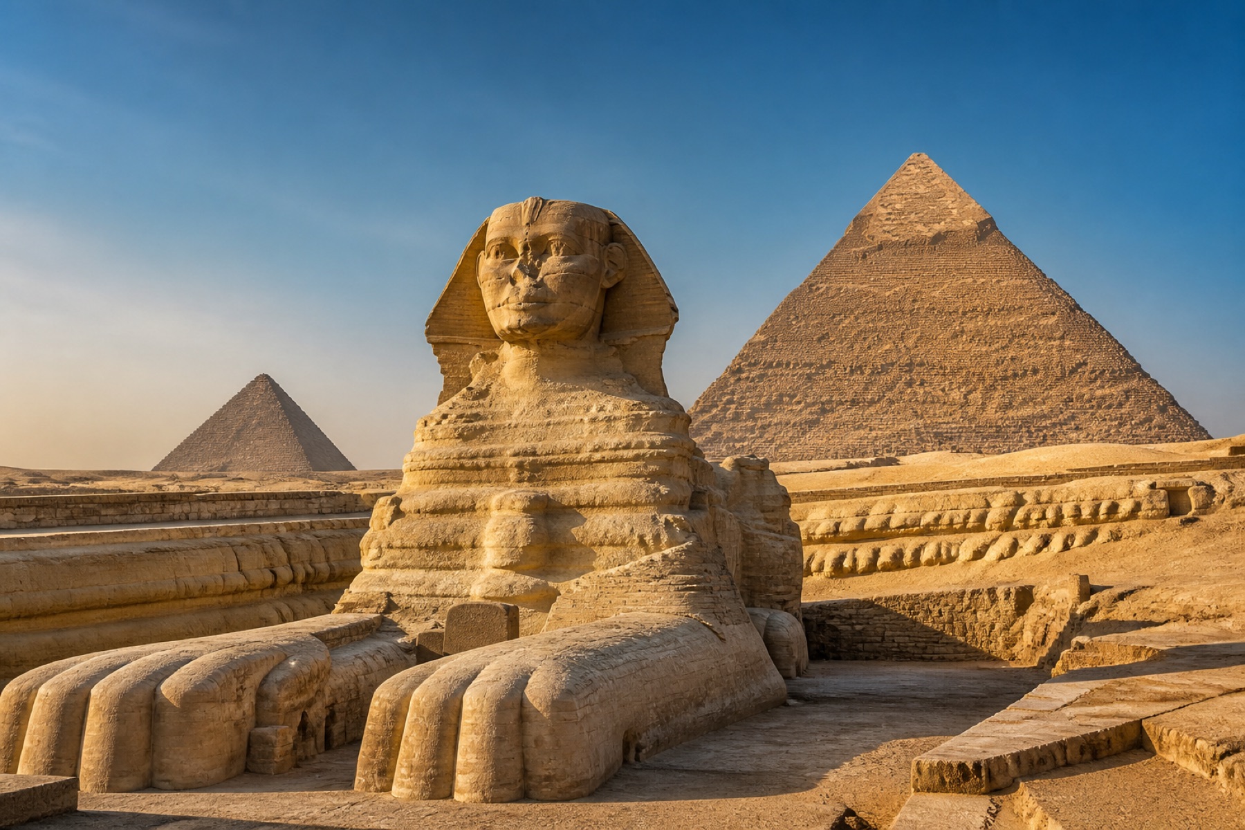 The Great Sphinx and pyramids at the Giza Plateau
