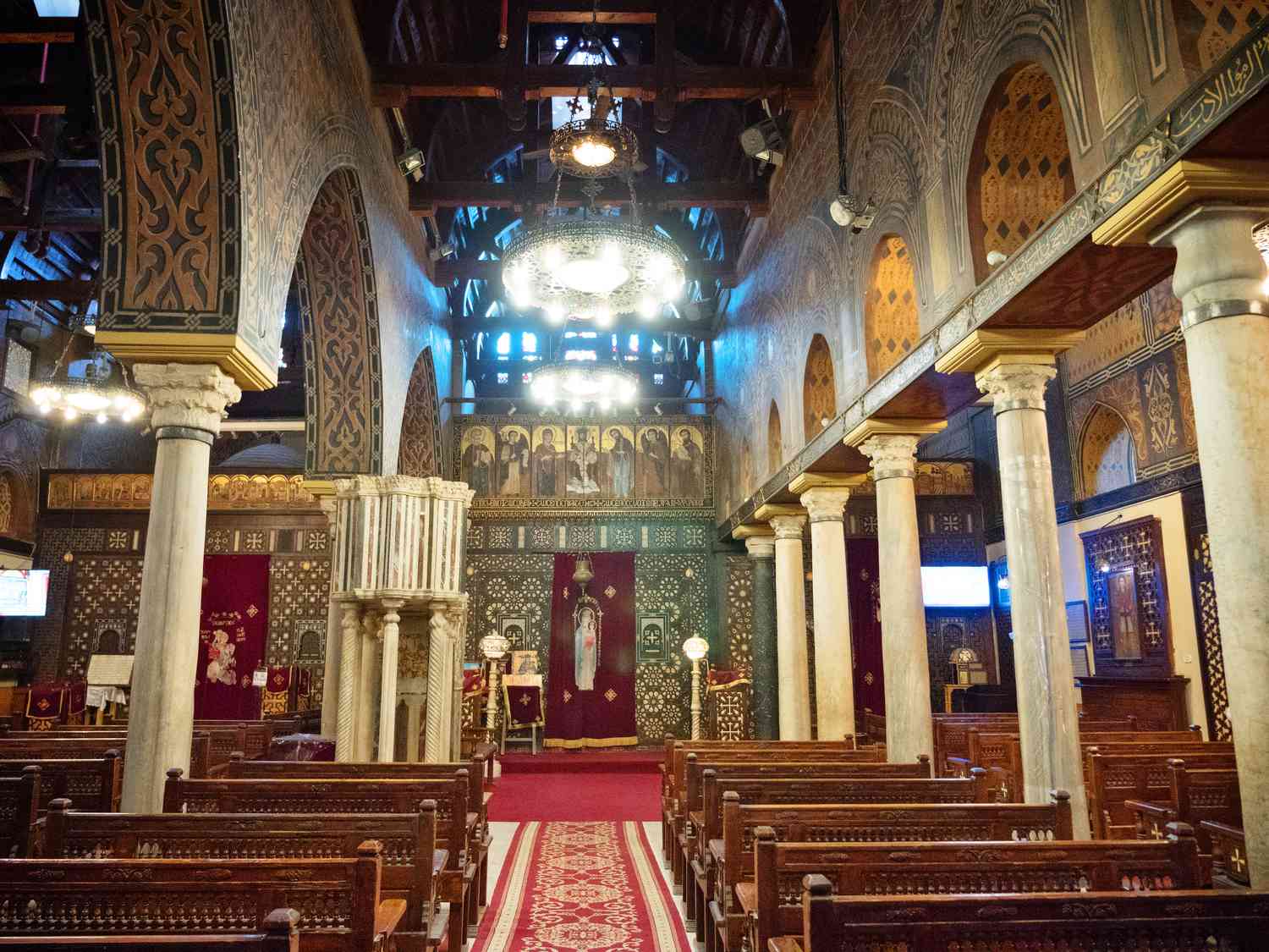 Ornate interior of a historic church in Coptic Cairo